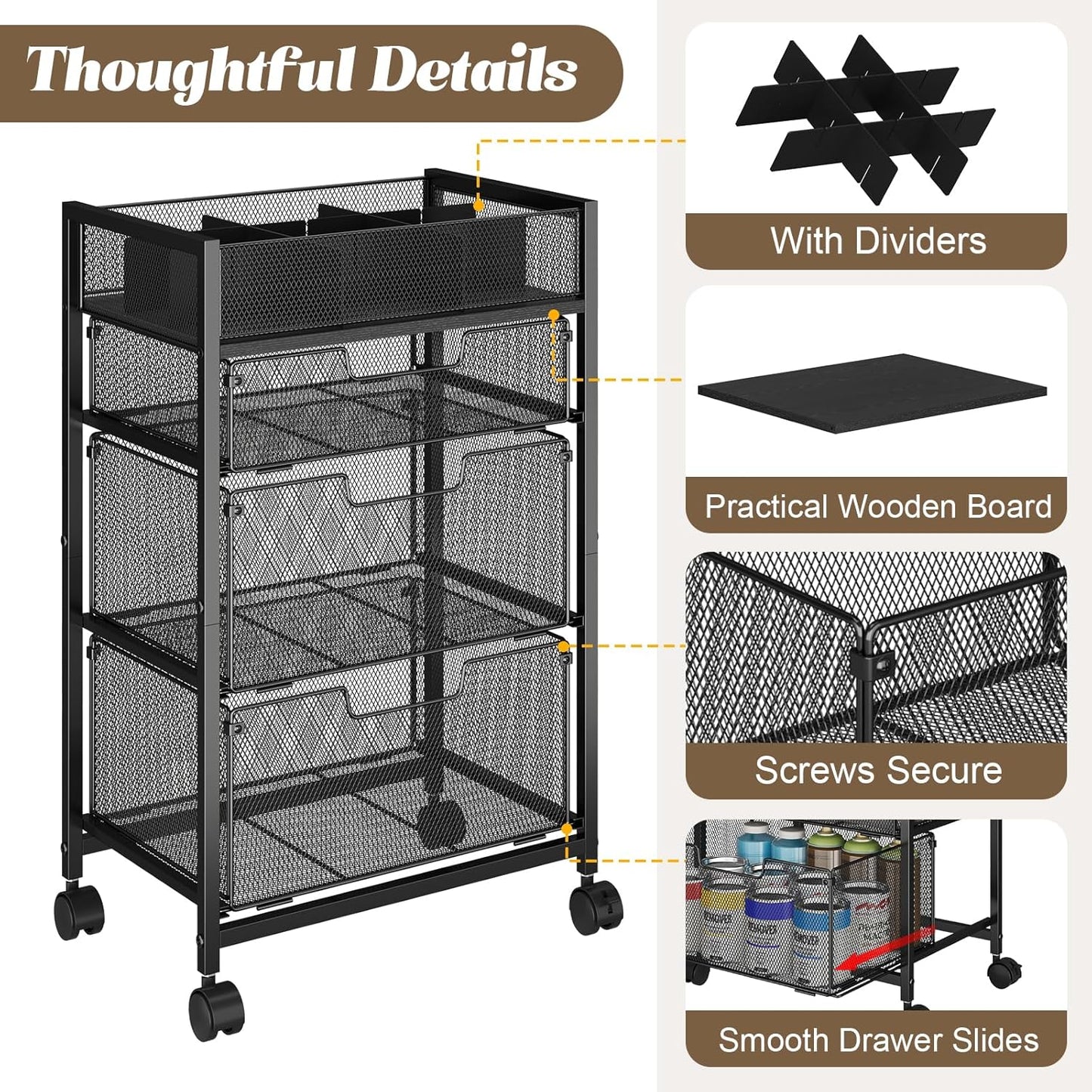 Rolling Utility Cart with 3 Drawers, Craft Organizer and Storage with DIY Divider, Lockable Wheels, Multi-Functional Storage for Art Supplies, Store for Brushes & Paints & Small Parts(Patent Pending)
