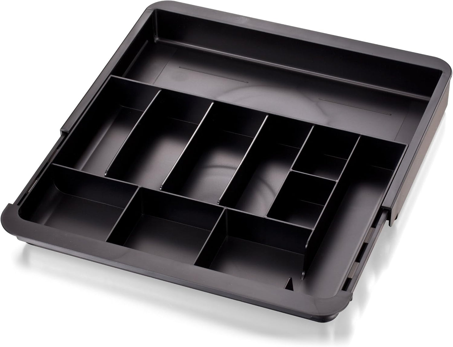 Officemate Expandable Drawer Organizer Tray, Adjustable 10.3"–16" Width, Customizable Compartments with Dividers, Recycled Plastic, Black