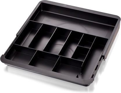 Officemate Expandable Drawer Organizer Tray, Adjustable 10.3"–16" Width, Customizable Compartments with Dividers, Recycled Plastic, Black