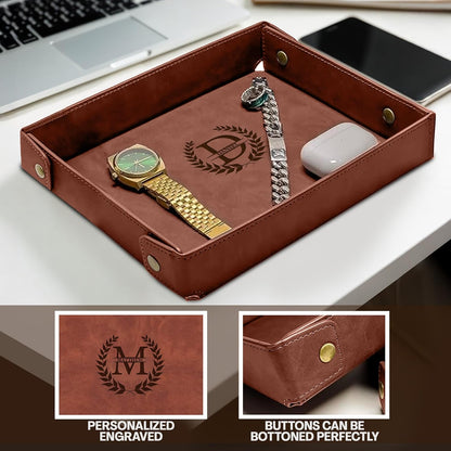 Engraved Leather Valet Tray for Men – Personalized Catchall with Custom Name for Desk, Dresser, Nightstand – Men's Organizer Tray for Keys, Wallet, Jewelry, Personalized Gift for Home, Office - Coffee
