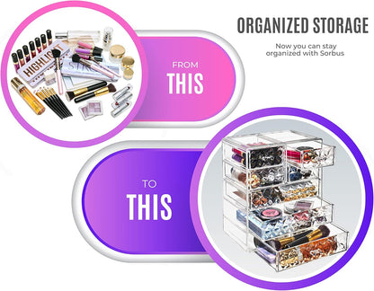 Sorbus Acrylic Makeup Organizer Set, 6-Drawer Vanity & Countertop Cosmetic Storage with Small & Wide Drawers, Clear Makeup Storage for Brushes, Lipsticks, Jewelry – Holiday Gift for Women & Teens