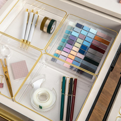 Martha Stewart Kerry Plastic Stackable Office Desk Drawer Organizers, 6" x 3", 6 Pack, with Gold Trim