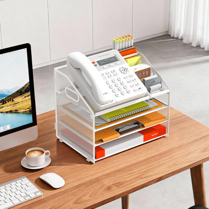 DocNest 4 Tier Metal Mesh Letter Tray - Space Saving Desk File Organizer with Handle, Pen Holder & Folder Holder - Desktop Document Sorter for Office, Home, School, Classroom - Black