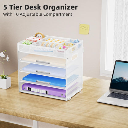 Marbrasse 5-Tier Letter Tray Paper Organizer with Handle, Multi-Functional Mesh File Organizer for Desk, Adjustable Compartments Mesh Desktop Storage for Office Supplies,Black