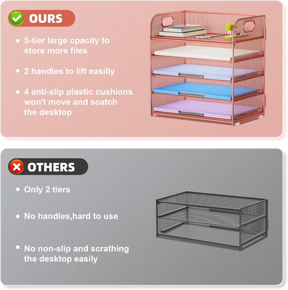 Marbrasse 5-Tier Letter Tray Paper Organizer with Handle, Multi-Functional Mesh File Organizer for Desk, Adjustable Compartments Mesh Desktop Storage for Office Supplies,Black