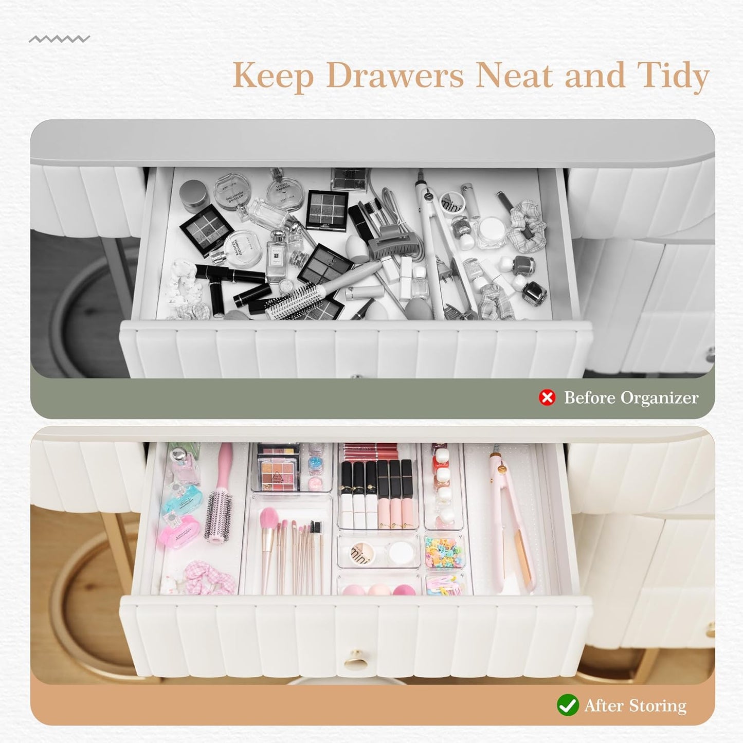 12 Pack Large Clear Plastic Drawer Organizer Set, Acrylic Bathroom Organizer Vanity Trays Dividers, Kitchen Organizers and Storage, Non-Slip Storage Bins for Makeup, Snacks, Office, Desk, Fridge