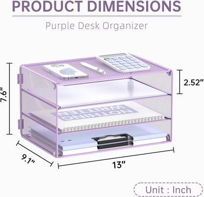DALTACK 3 Tier Letter Tray Paper Organizer for Desk, Mesh Metal Desk File Organizer with Sliding Trays for Letter/A4 Paper, Mail, Bills & Folders, Black