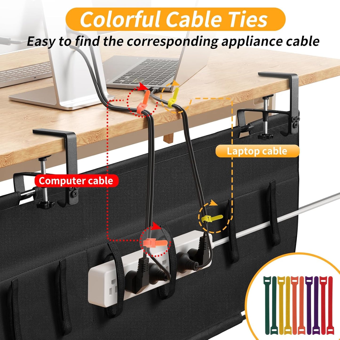 Under Desk Cable Management Tray with Clamp, No Drill 36" Cord Organizer for Desk, Desk Cable Management Fabric Tray for Standing Desks, Ideal for Home & Office - White