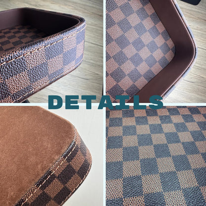 Leather Valet Tray for Men (Solid Wood Inside), Key Trays Bowl for Entryway Table, EDC Catch All Dish, Organizer Decorative Tray for Cologne Jewelry Perfume Watch Wallet- Brown Checkered PU