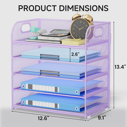 Paper Organizer Letter Tray with Handle, 5-Tier Black Stackable Desk Organizer with Metal Mesh, Sturdy Paper Tray for Office Desk, Home & Classroom Supplies Storage