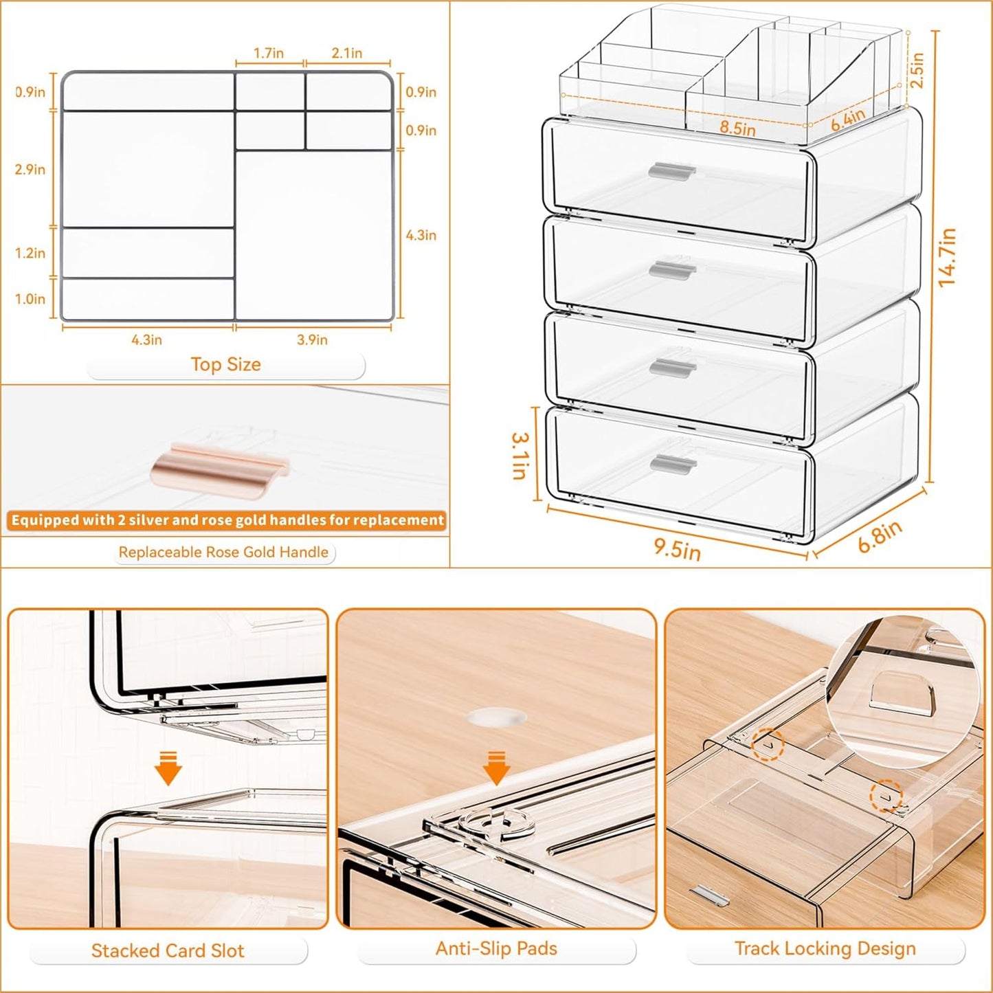 Yieach Clear Acrylic Makeup Organizers Countertop for Dresser,Desk,Bathroom Vanity,3 Tier Stackable Make up Holders and Makeup Cabinet,Tiered Cosmetic Storage and Make up Containers for Palette,Brush