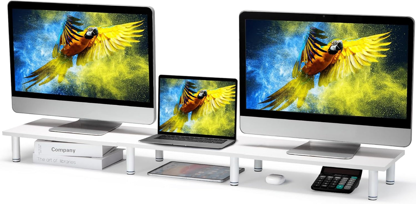 La Jaco 47 Inch Extra-Long Dual Monitor Stand Riser for 2 Monitors, Desk Shelf TV Riser Blocks, Wood and Steel Desktop Riser for Computer, Laptop, Printer, Home Office Organization, White