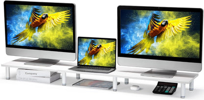 La Jaco 47 Inch Extra-Long Dual Monitor Stand Riser for 2 Monitors, Desk Shelf TV Riser Blocks, Wood and Steel Desktop Riser for Computer, Laptop, Printer, Home Office Organization, White