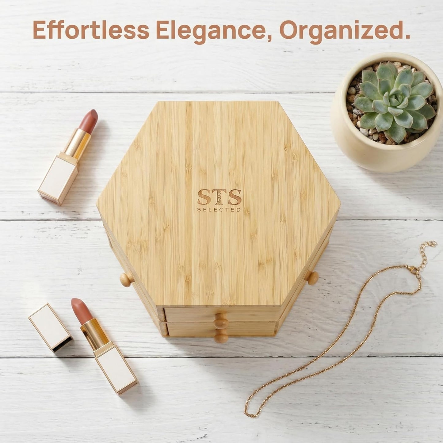 360° Rotatable Bamboo Desktop Organizer, Large Capacity Cosmetic & Jewelry Storage for Makeup Serum, Diamond, Easy Setup No Assembly (4-Tier 12-Drawers)