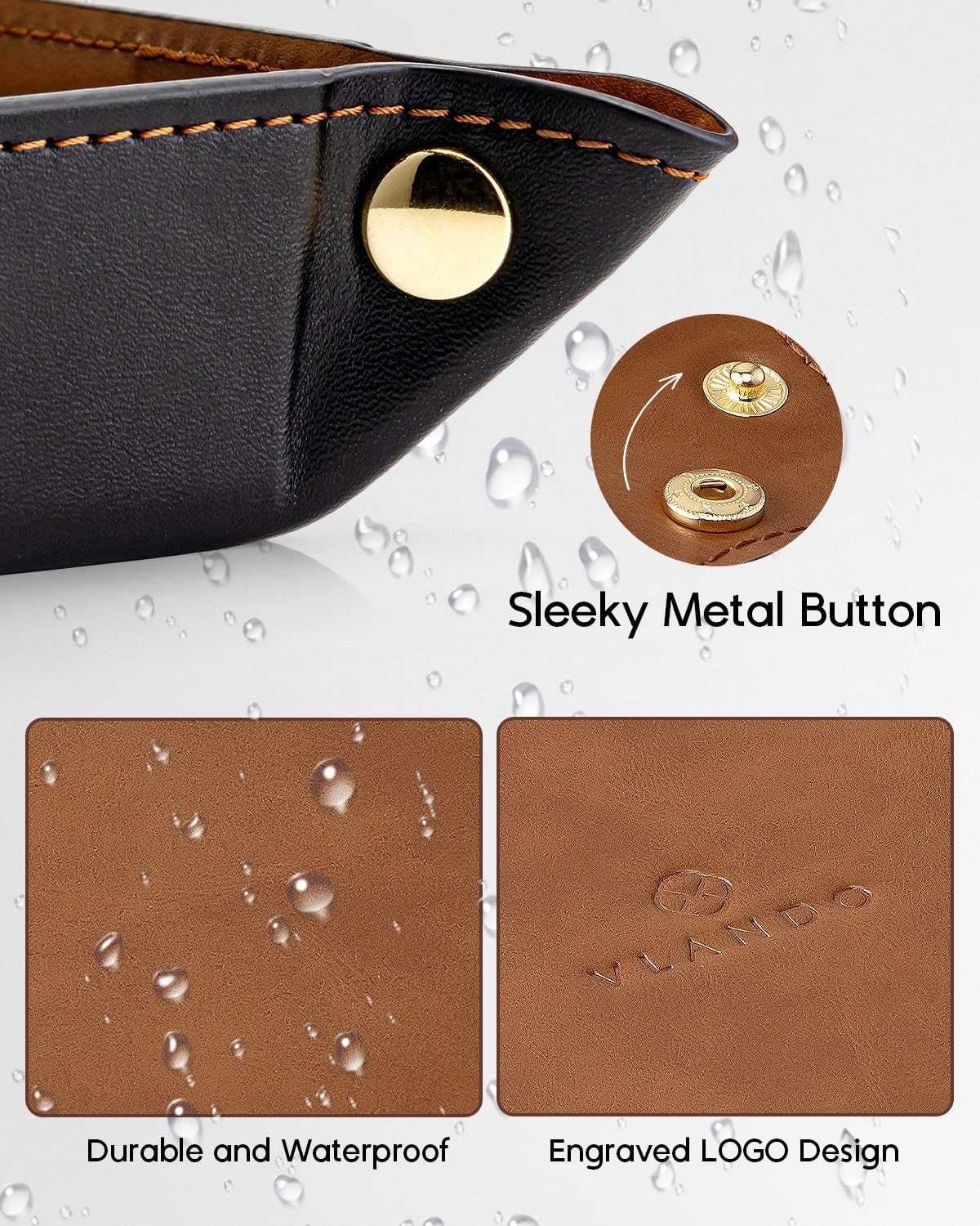 VLANDO Valet Tray for Men Women, Nightstand Organizer Vanity Catchall Holder for Dresser Desk Storage Bedside, Travel PU Leather Jewelry Key Bowl Coin Watches and Candy Entryway Tray - Large, Brown