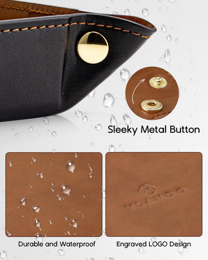 VLANDO Valet Tray for Men Women, Nightstand Organizer Vanity Catchall Holder for Dresser Desk Storage Bedside, Travel PU Leather Jewelry Key Bowl Coin Watches and Candy Entryway Tray - Large, Brown