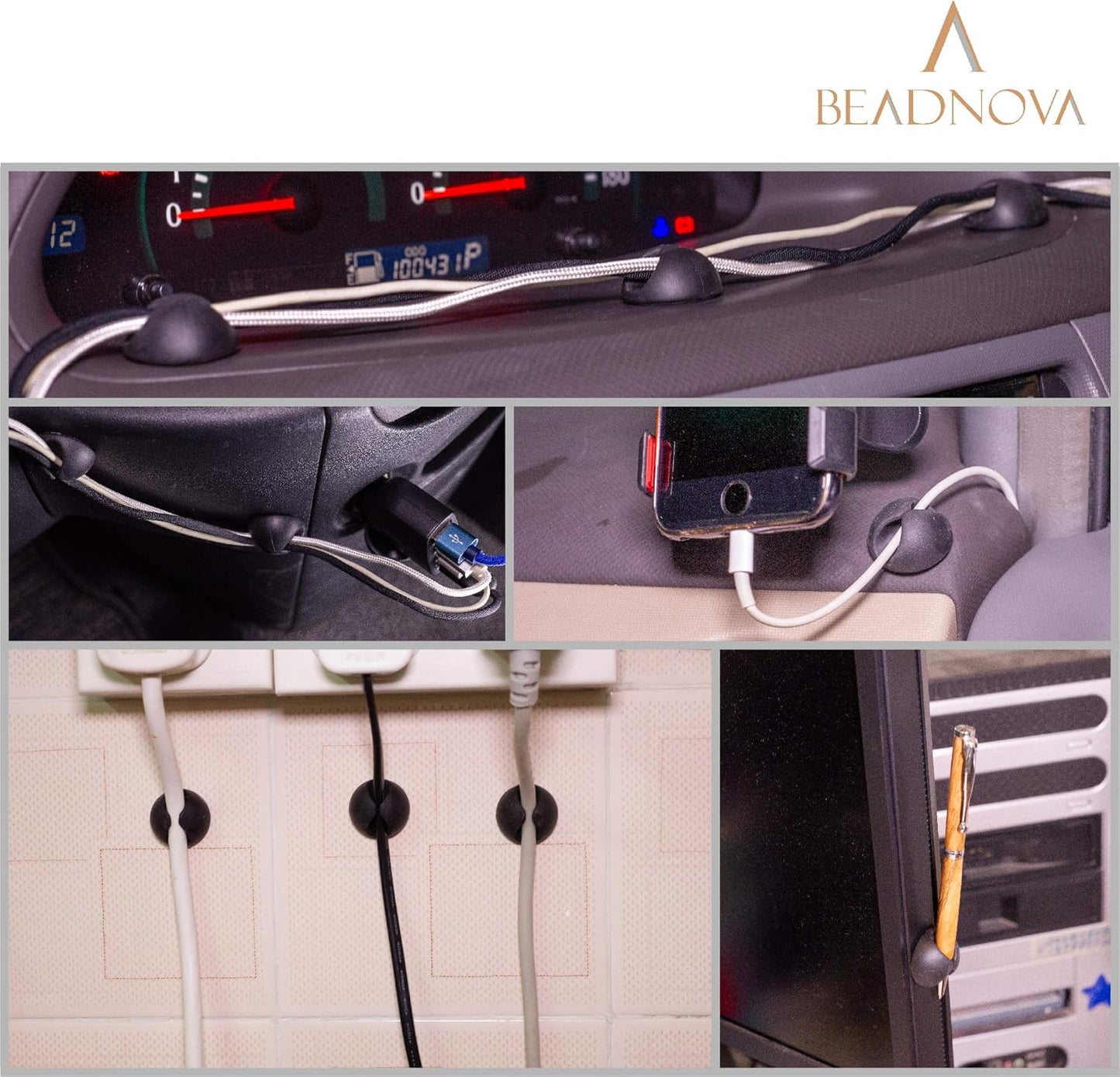 BEADNOVA Cable Clips Cord Organizer Cable Management Wire Cord Holder 24 Pcs Adhesive Wire Holder for Car Charging Accessory PC Office (Black,1 Slots, 2 Slots, 3 Slots,5 Slots)