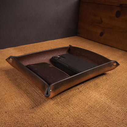 Valet Tray – Full-Grain Leather Catchall Organizer for Keys, Phone & Wallet – Rustic Nightstand & Desk Tray with Raised Sides – Handmade in USA (Vintage Brown, Small Rectangle)