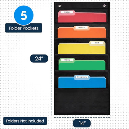 Essex Wares - 7 Pocket File Pocket Chart, Black, Tall - Versatile Wall Hanging File Folder Organizer for Classroom, Office, Home, and More - Wall Folder Organizer - 7 Pockets