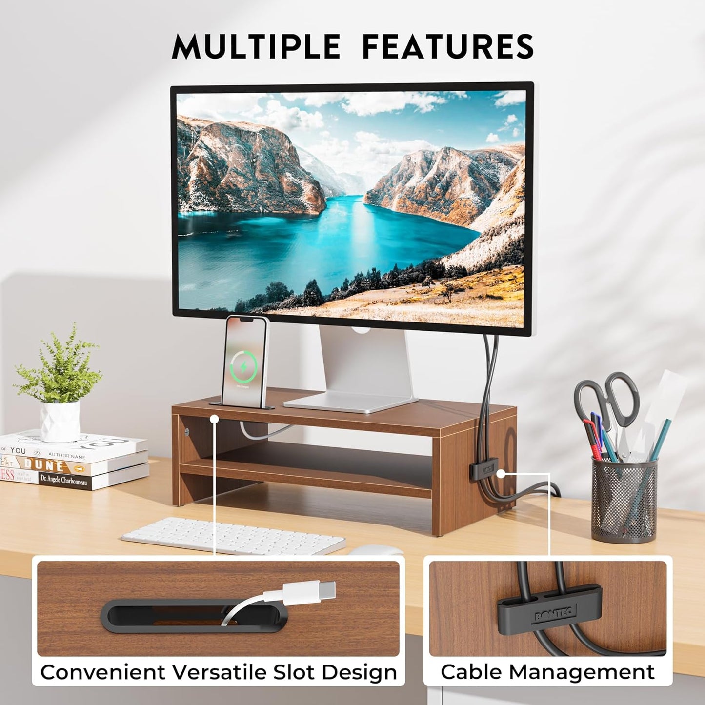 BONTEC Wooden Monitor Stand Riser, 2-Tier Desk Shelf with Storage Organizer, Ergonomic Computer Stand with Cable Management, Cellphone Holder, White, 16.5 Inch