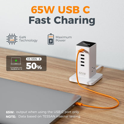 Charging Station for Multiple Devices, TESSAN 9-in-1 USB C Power Strip for iPhone 17/16/15, MacBook, Tablet, Desktop Phone Fast Charger with 3 AC, USB Charger, Home Drom Office Accessories, White-65W