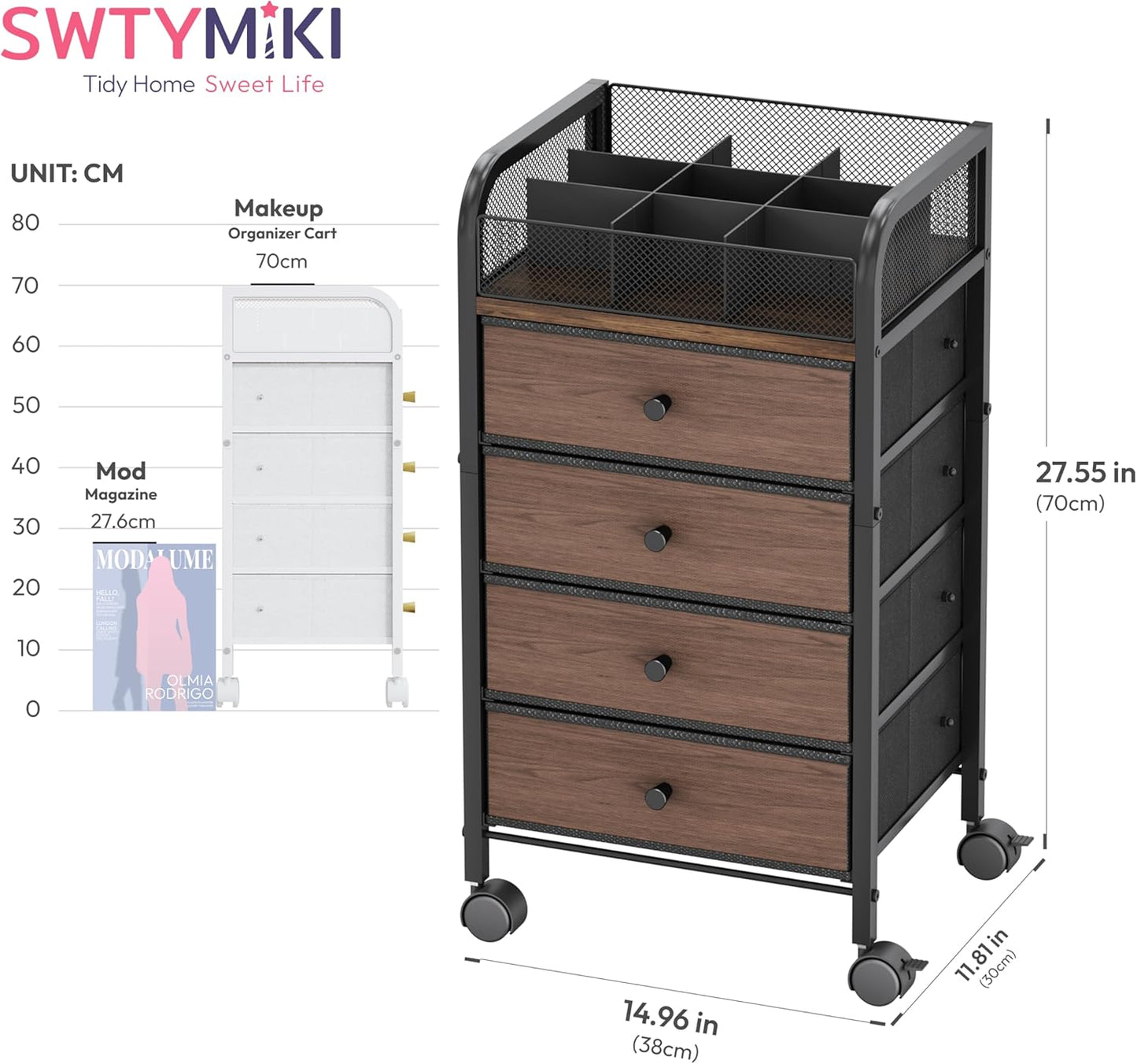 SWTYMIKI Rolling Makeup Organizer Cart - Under Desk Vanity Makeup Storage with 3 Non-woven Drawers, Nail Cart Organizer Cosmetic Display Cases Cabinet for Skin Care Perfume Nail Polish Brush Hair Tool