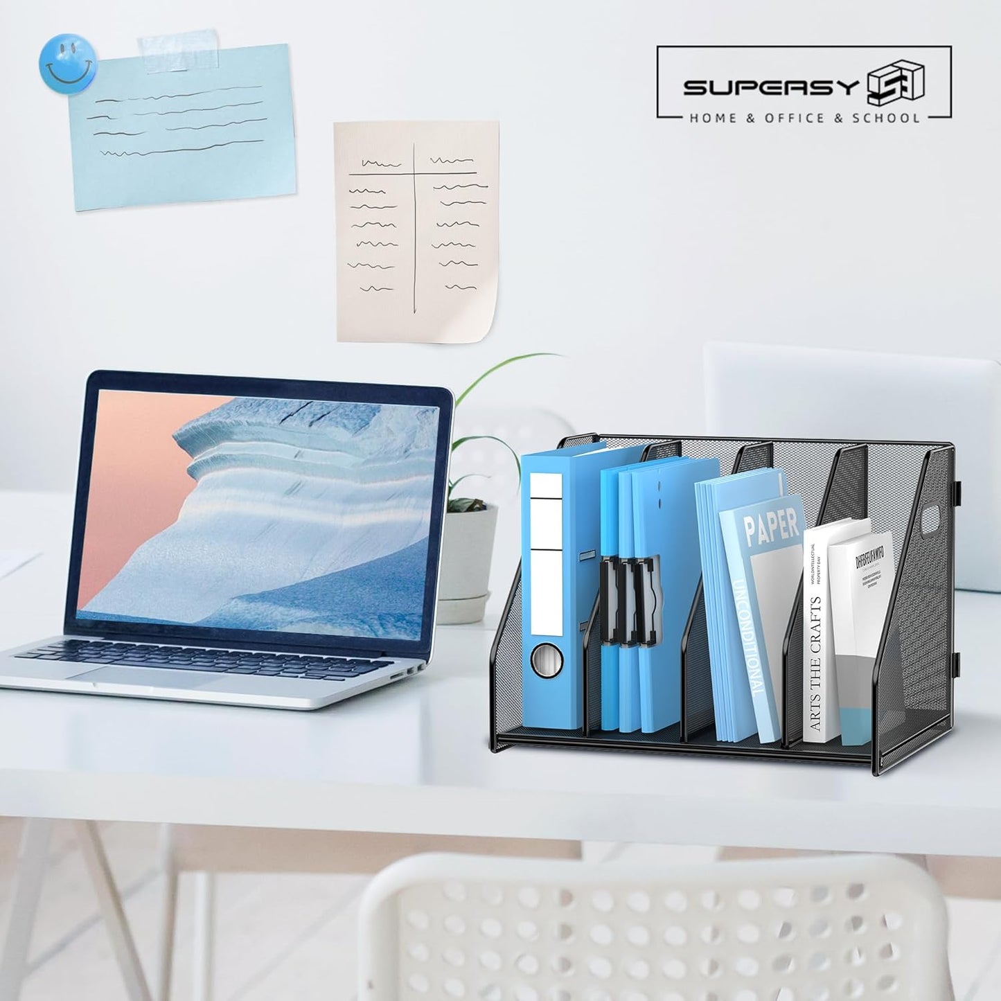 SUPEASY Binder Organizer, Magazine File Holder with 5 Vertical Compartments Rack, Metal Desk File Organizer & Binder Holders, Magazine Organizers for Office Desktop, Home, School, Classroom (Black)