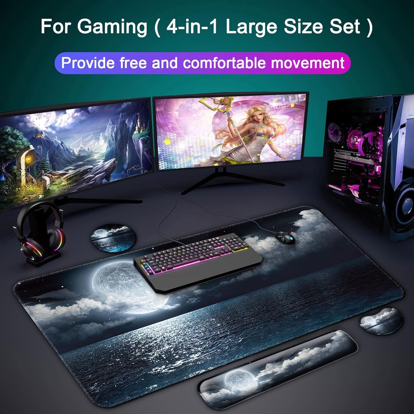 Keyboard Wrist Rest + Mouse Pad with Wrist Support + Desk Mat + Coaster 4 in 1 Set, XXL Large Gaming Mousepad Cute Ergonomic Mouse Pads for Desk Computer Laptop Office Decor-Beach