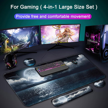 Keyboard Wrist Rest + Mouse Pad with Wrist Support + Desk Mat + Coaster 4 in 1 Set, XXL Large Gaming Mousepad Cute Ergonomic Mouse Pads for Desk Computer Laptop Office Decor-Beach