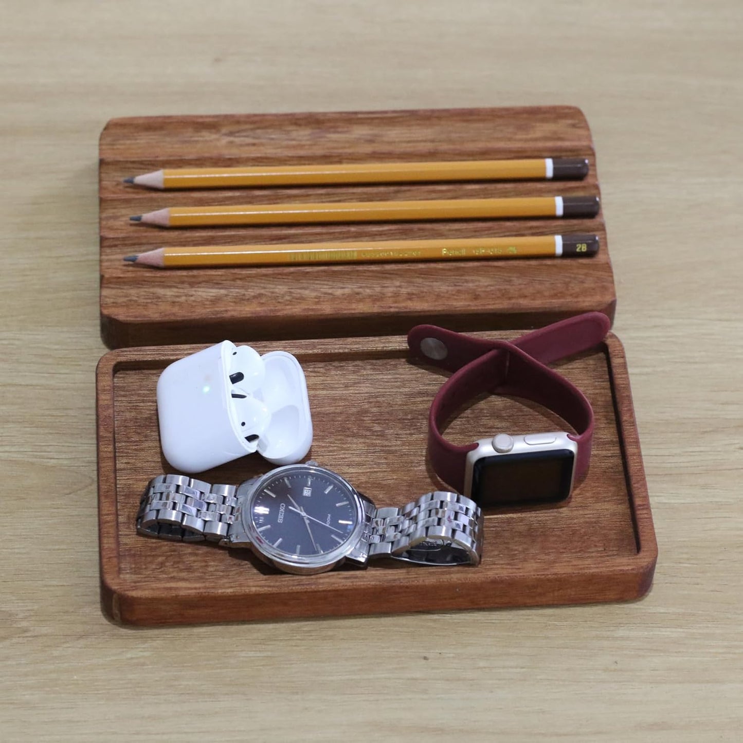 Set of 2 Wooden Trays – Pen Tray, Valet Tray, Desk Organizer, Fountain Pen Holder, EDC Tray for Phone, Jewelry, Cologne & Keys.
