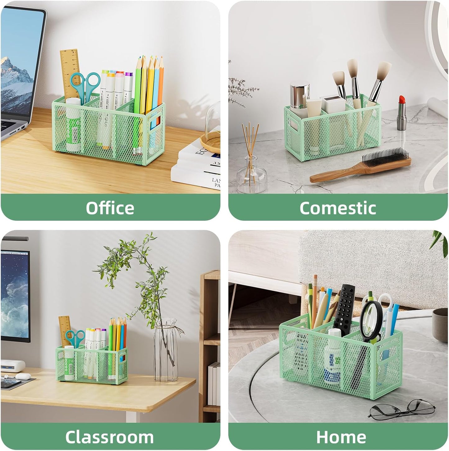 Marbrasse Mesh Pen Holder for Desk,Pencil Holder Desk Organizer 3 Adjustable Compartments,Pencil Cup with Handle Perfect for Classroom, Office, Home,Makeup,Art (Black)