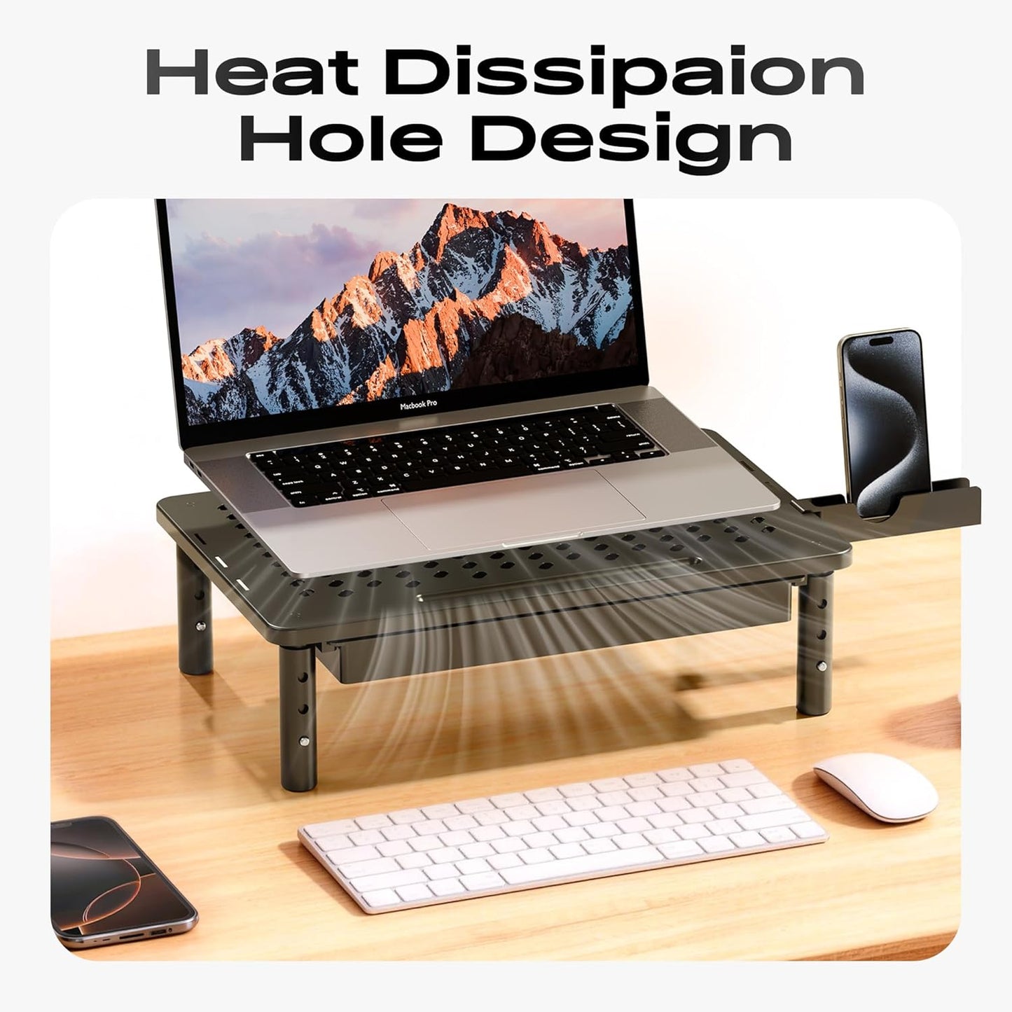 Computer Monitor Stand Riser for Desk, 3 Height Adjustable PC Laptop TV Desktop Monitor Stand Shelf, Metal Printer Table with Phone Holder, Stand Riser for Desk, Office Desk Organizers and Accessories, 2 Pack