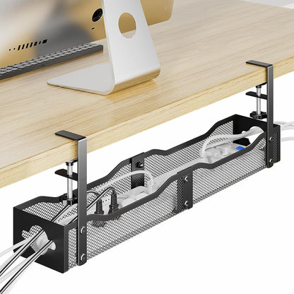 DELAMU 25'' Upgraded Under Desk Cable Management, No Dill Standing Desk Cord Management with Adjustable F-Clamp, Metal Desk Cable Organizer to Under Desk Organizer for Home Office, Black