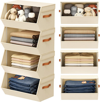 Stackable Closet Organizers and Storage Bins, Open Front Closet Shelf Organizer System With Steel Frame, Clothes Storage Basket Fabric, Collapsible Closet Drawers for Wardrobe, Nursery ,Toy, 4 Pack