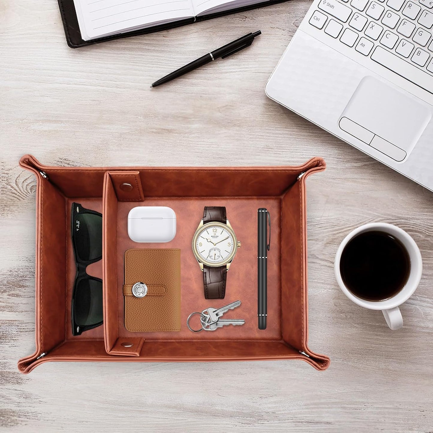 Leather Valet Tray for Men, 2 Compartments Key Tray Nightstand Organizer Vanity Tray Bedside Caddy Entryway Table Catchall Tray for Wallet, Watch, Phone, Coin, Jewelry, Black