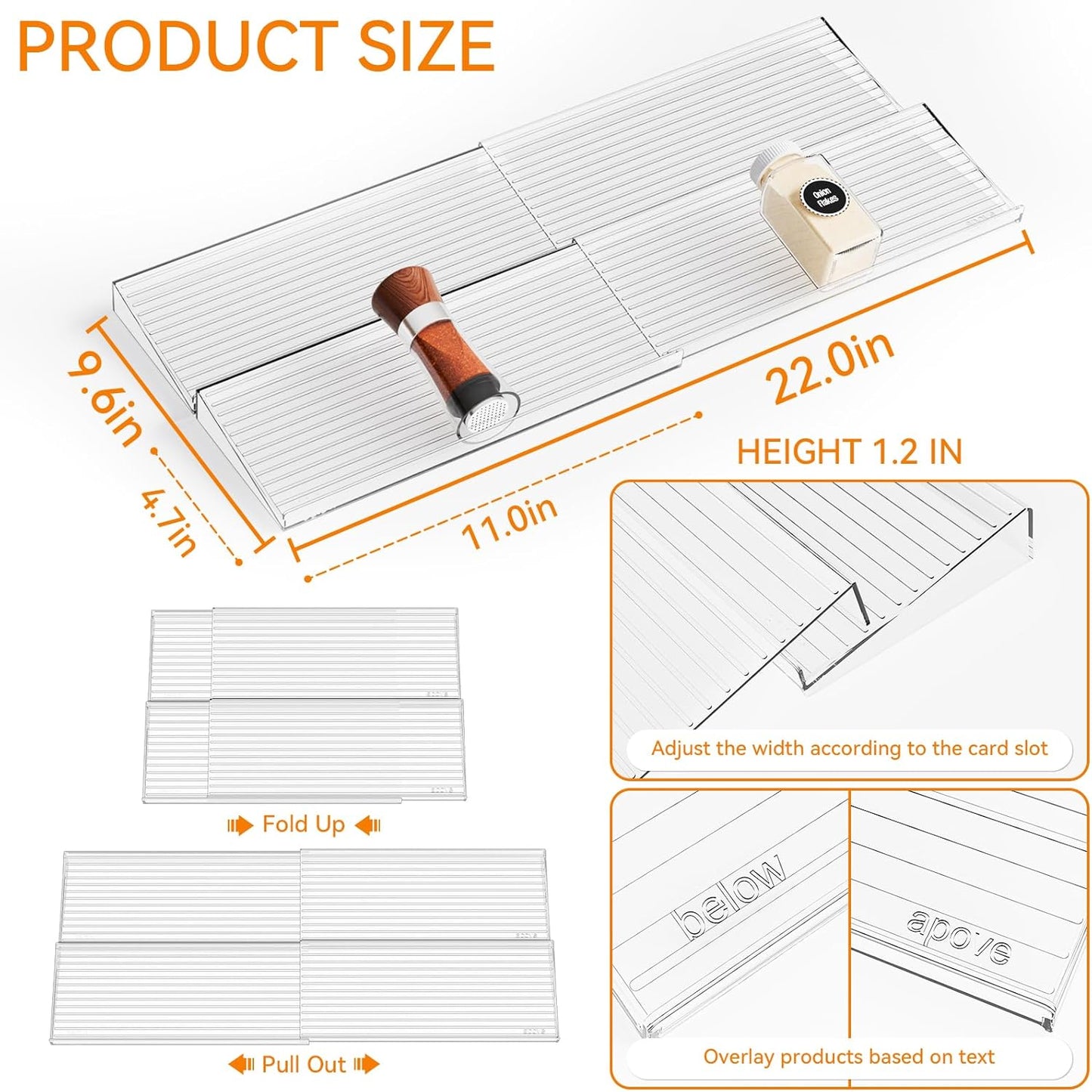 Yieach 4 Pack Adjustable Narrow Spice Rack for Drawer - Expandable From 9" to 17.7" - Acrylic Drawer Seasoning Organizer,Tiered Clear Spice Tray for Spices,Condiment,Nail Polish and Jar Organization