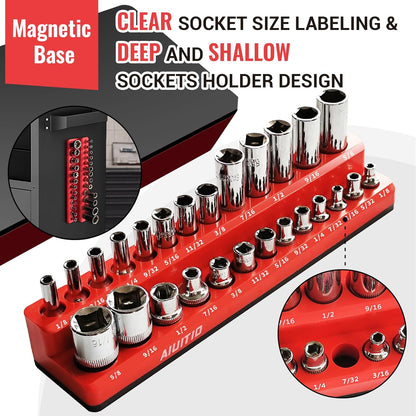 AIUITIO 6PCS Socket Organizer Tray Set, Red SAE & Black Metric Socket Storage Trays, 1/4-Inch, 3/8-Inch & 1/2-Inch Drive Deep and Shallow Socket Holders for Toolboxes