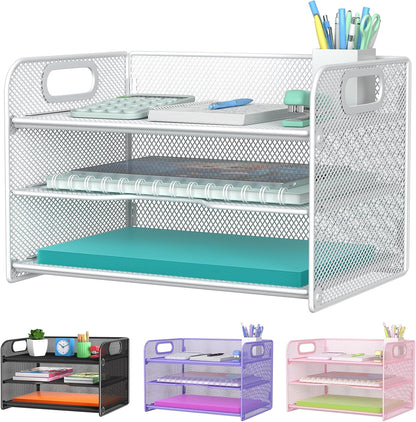 Samstar 3 Tier Letter Tray Paper Organizer with Handle, Mesh Desk Organizer Paper Sorter File Rack Shelves, Black