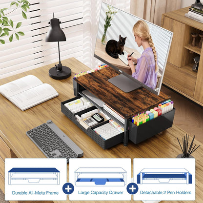 OPNICE Desk Organizers and Accessories, Computer Monitor Stand Riser with Drawer and 2 Pen Holders, Printer & Laptop Stand, Office Desk Accessories & Workspace Organizers for Home Office Supplies, Black