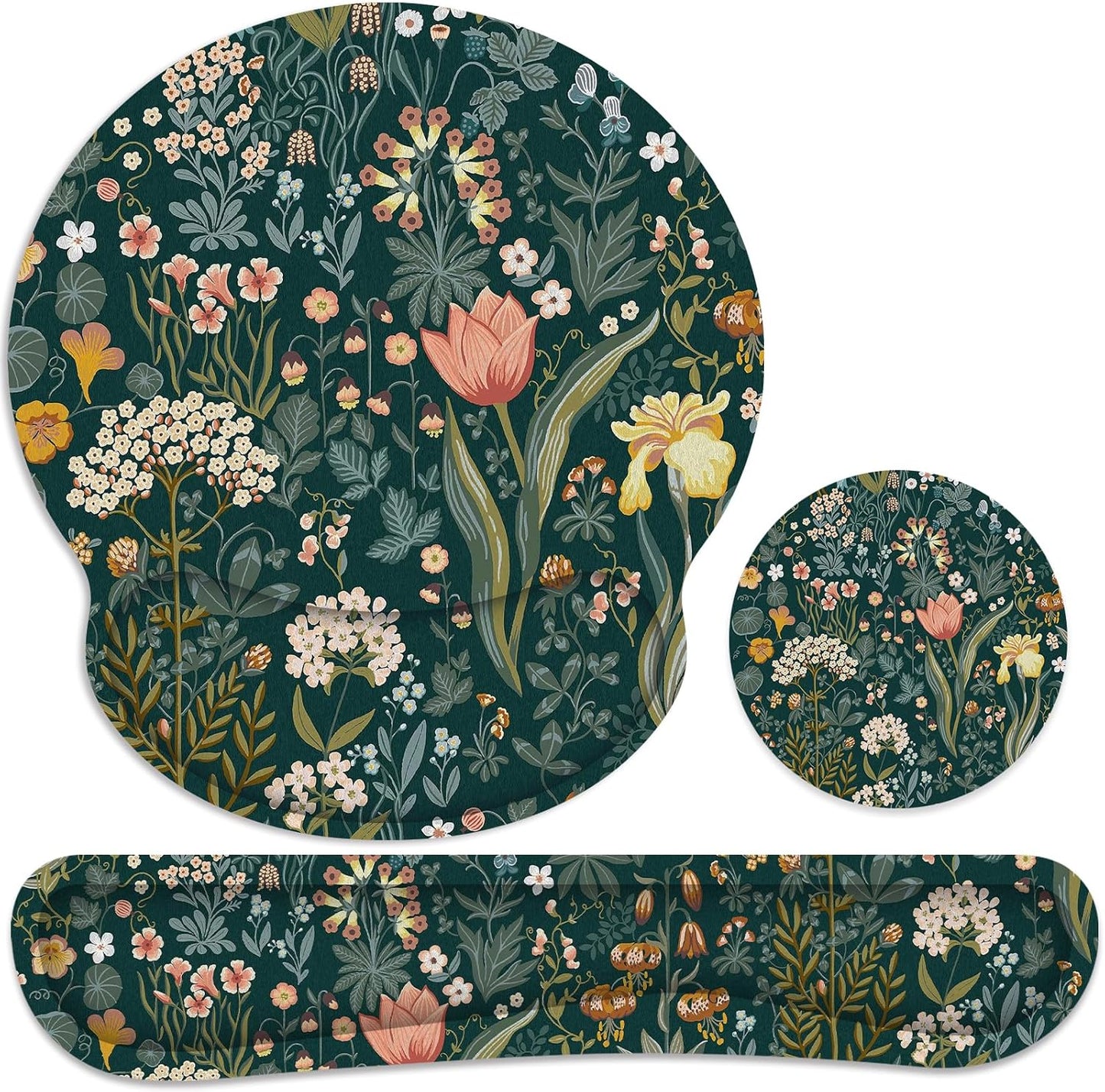 Ergonomic Mouse Pad with Wrist Rest and Keyboard Wrist Rest, Memory Foam Wrist Rest for Computer Keyboard, Easy Typing, Pain Relief, Mouse Pad Wrist Support for Gaming,Office, Laptop, Black Flower