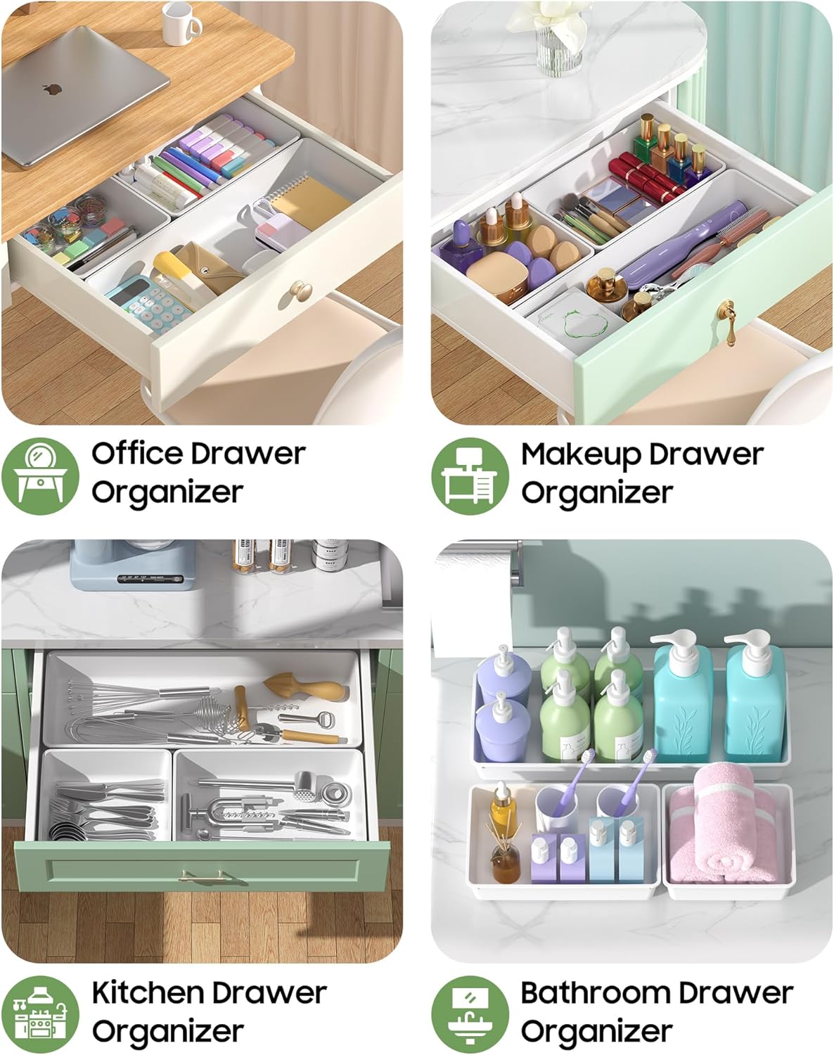 10 Pack Large Size Plastic Drawer Organizers Set, 3 Sizes Desk Drawer Organizer Trays, Storage Bins for Vanity, Makeup, Bathroom, Kitchen Utensils and Office (Black)