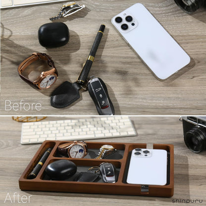 Shinpuru Wooden Valet Tray for Men, Nightstand Organizer with Leather Inlay, EDC Essentials Catchall Tray for Keys, Phone, Wallet, Watch, Earbuds - Bedside Desk Entryway Tray (Wood)