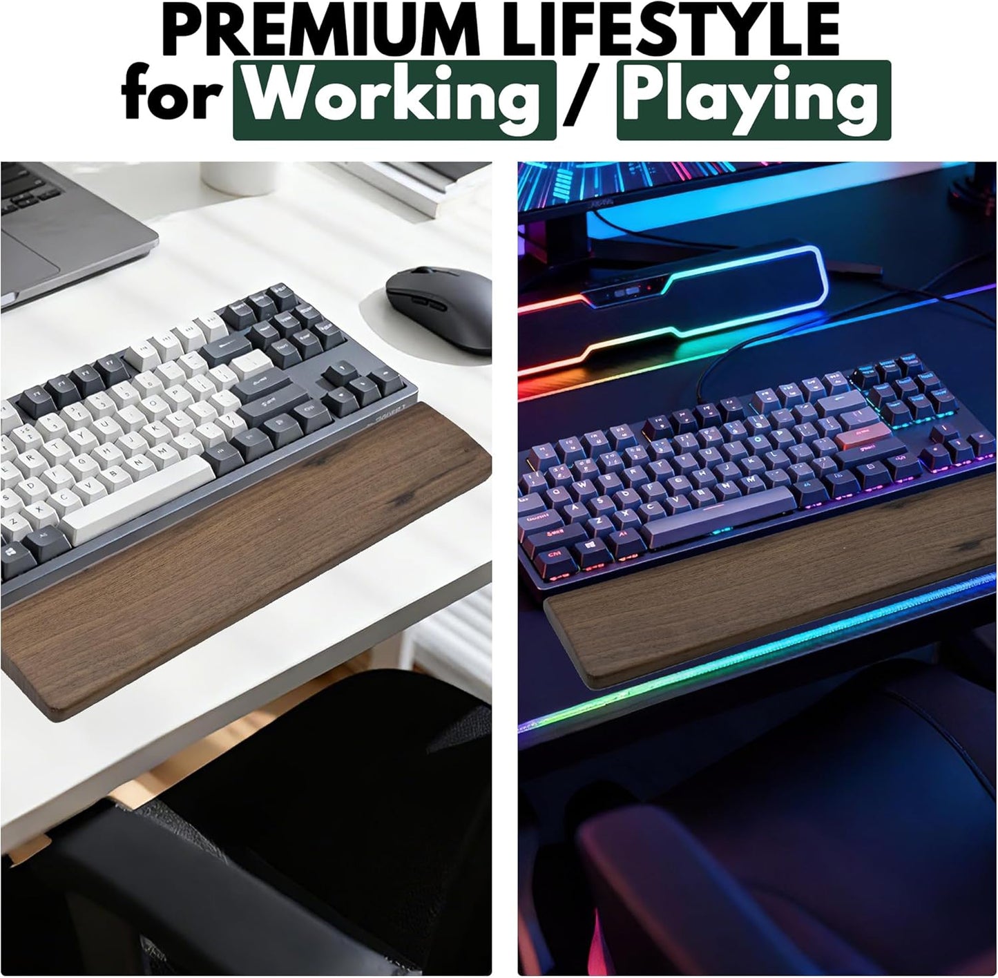 Walnut Wooden Wrist Rest Pad for 75% 80% TKL Keyboard, Ergonomic Solid Wood Hand Rest with Non-Slip Base, Stain Resistant Palm Support for Typing & Gaming (14.2“ L)