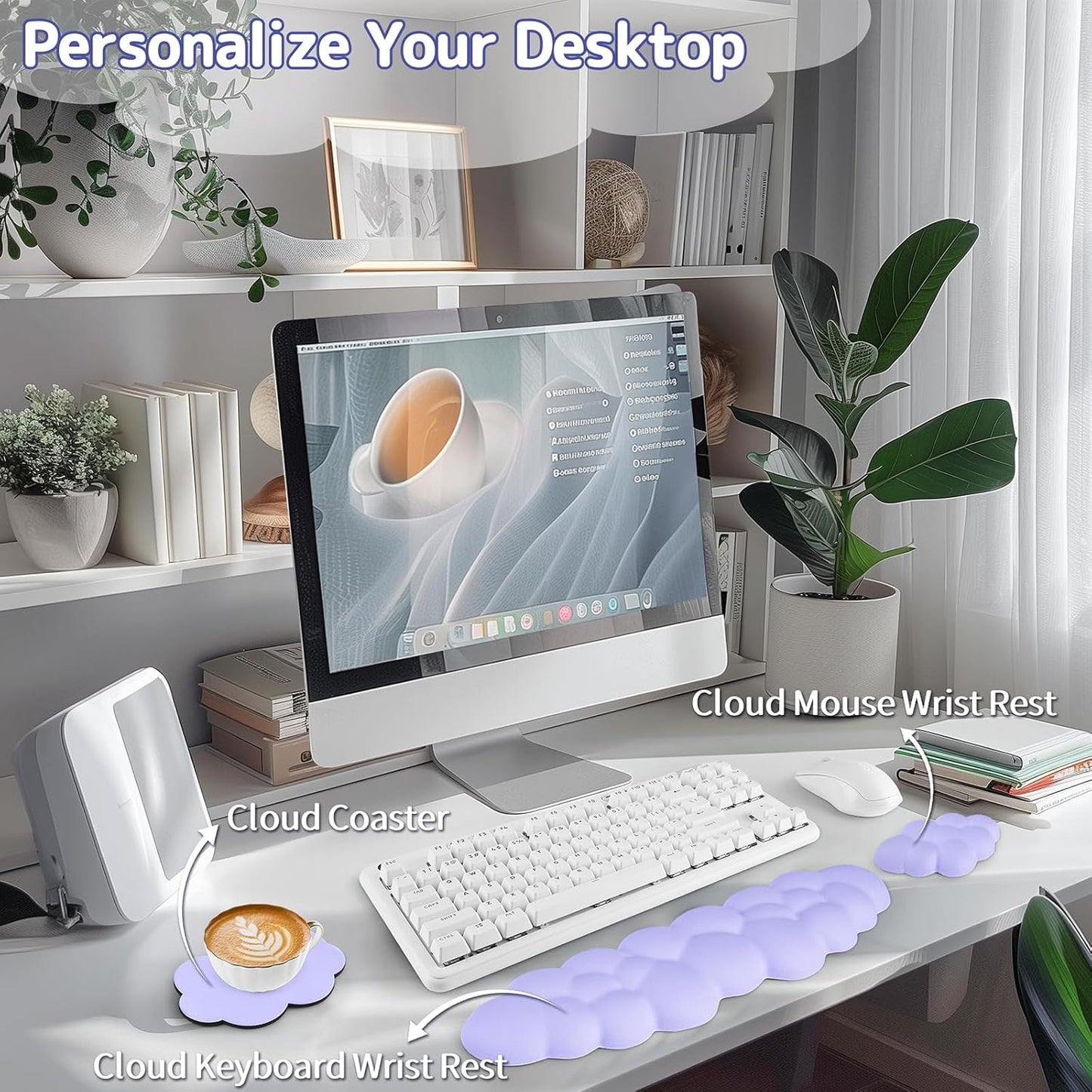 Sushret Cloud Wrist Rest Keyboard, Cloud Keyboard Wrist Pad Set with PU Leather Memory Foam, Cute Arm Rest for Palm Support, PC/Gaming Desk Accessories/Office Setup/Computer Hand Cushion - White