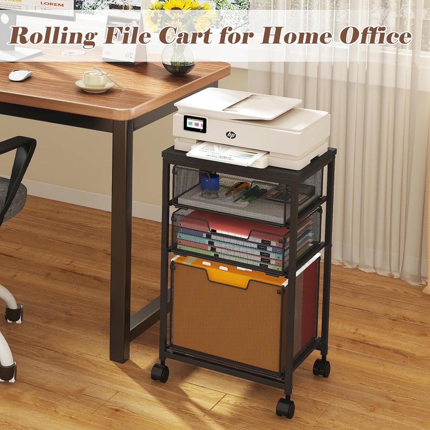Sbanmao Rolling File Cart with 2 Storage Drawers, Mobile File Cabinet with Wheels, Hanging File Folder Organizer, Under Desk Storage, Printer Stand Utility Cart Filing Cabinet for Home Office,Black