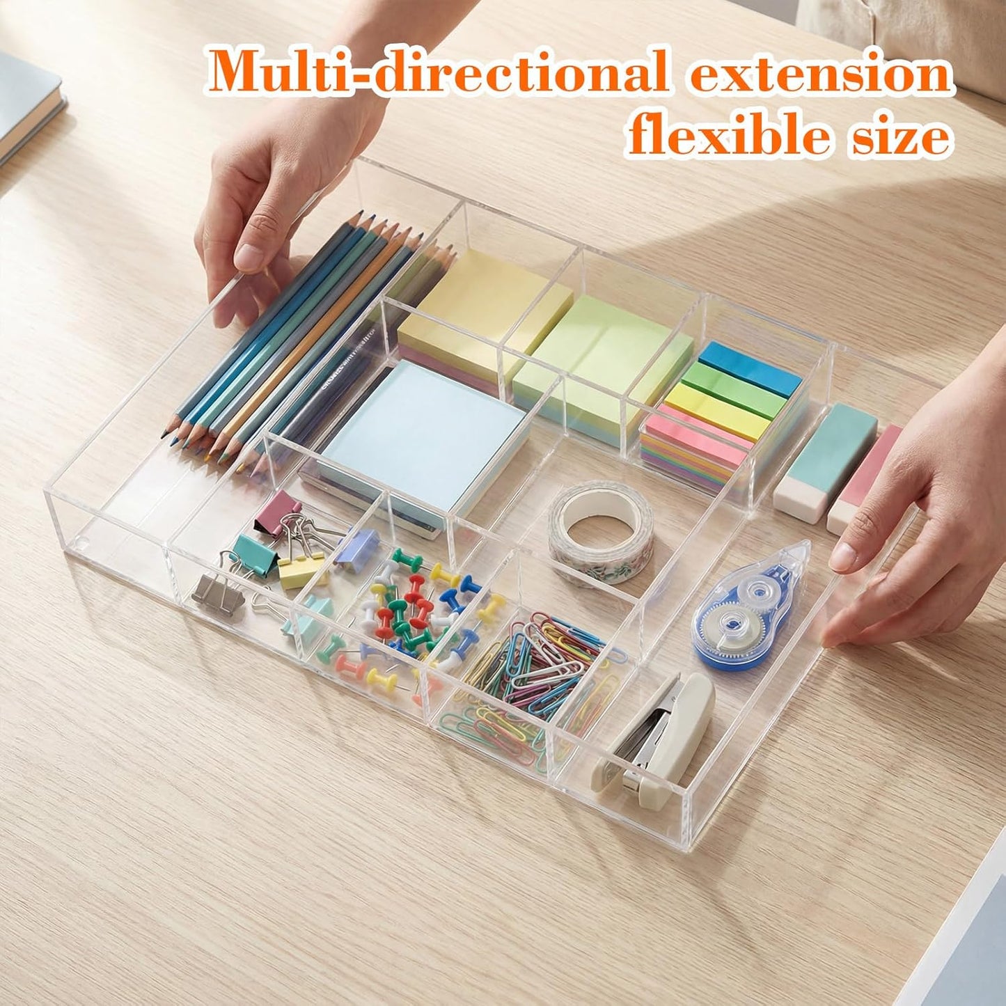 Large Acrylic Desk Deep Drawer Organizer with Adjustable Dividers, Anti-skip Clear Desk Top Junk Drawer Storage Tray for Pens, Desktop, Office, Bathroom, Kitchen, Makeup Supplies(7 Compartments)