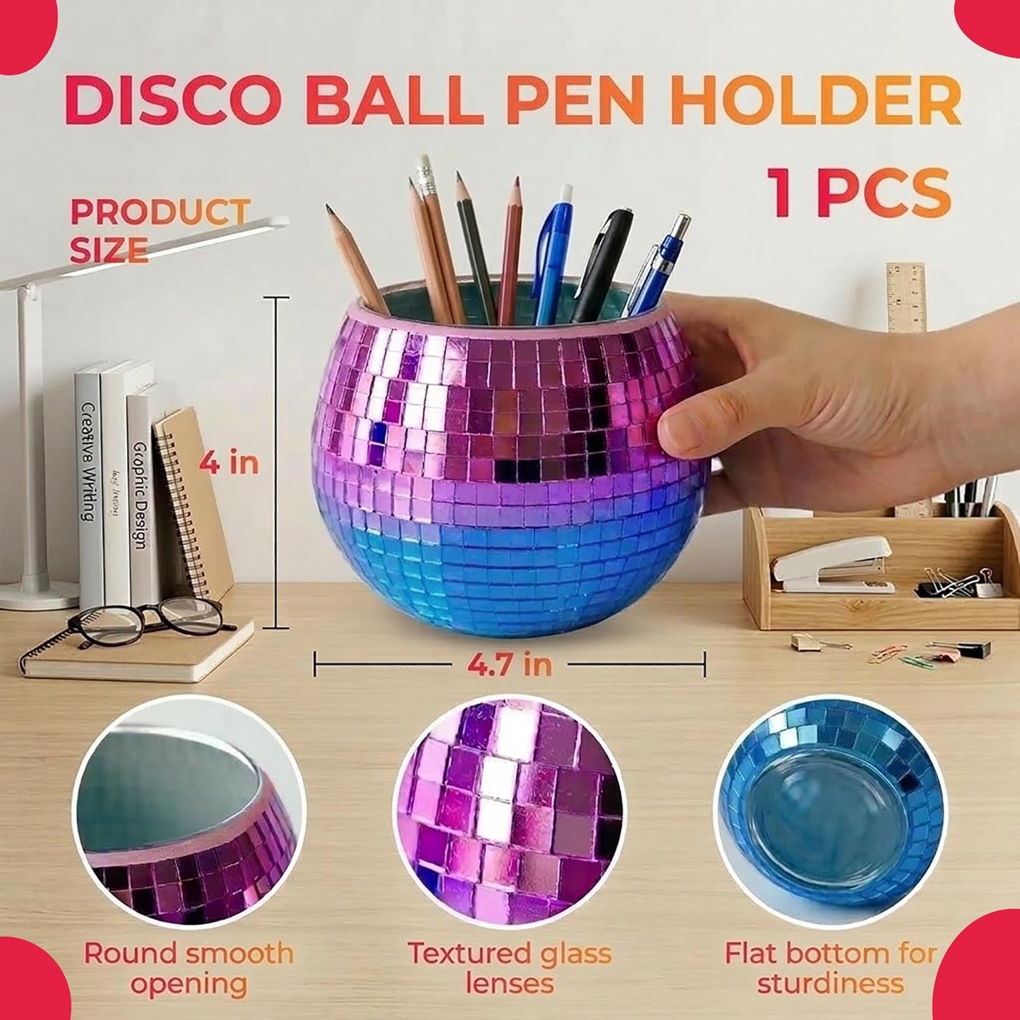 Disco Ball Makeup Brush Holder & Pen Cup - Fun Desk Accessories for Office, Cute Aesthetic Room Decor, 4.7 inch Unique gift vase for Her (rosegold)