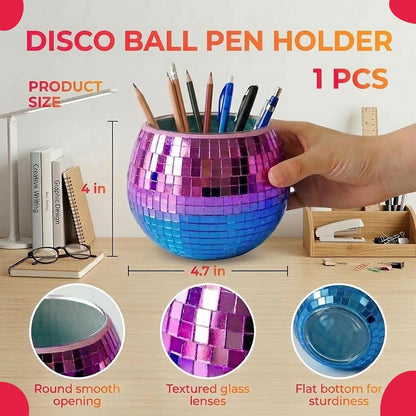 Disco Ball Makeup Brush Holder & Pen Cup - Fun Desk Accessories for Office, Cute Aesthetic Room Decor, 4.7 inch Unique gift vase for Her (rosegold)