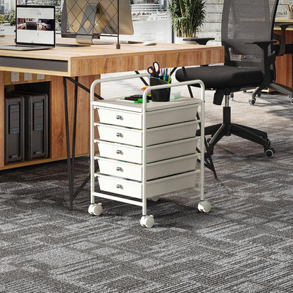 4-Tier Utility Cart with 4 Drawers, Rolling Utility Cart with 2 Lockable Caster Wheels, Multipurpose Mobile Rolling Drawer Cart for Office Bathroom Kitchen, Ivory White