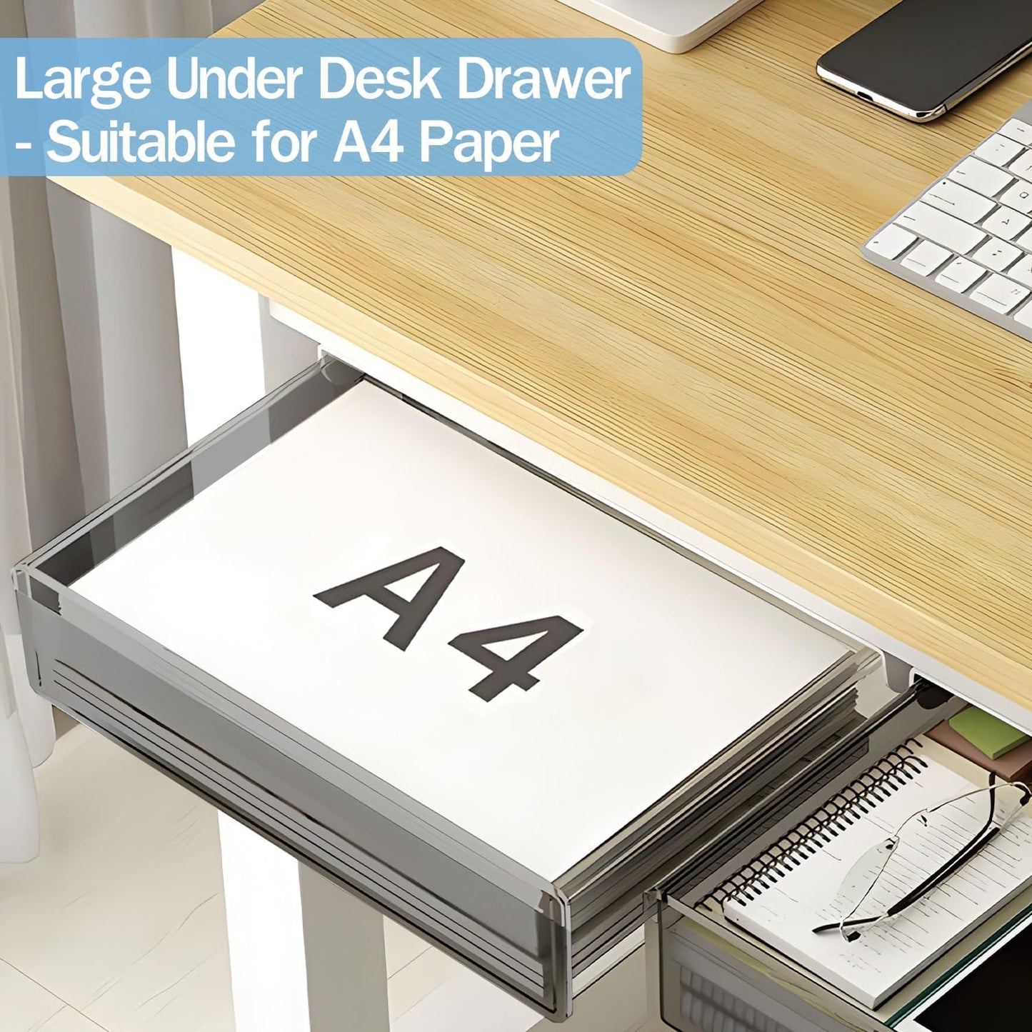 SVNNELP Large Under Desk Table Drawer Storage Organizer A4, Hidden Self-Adhesive Under Desk Pencil Tray Drawer for Office (Clear Black/L)